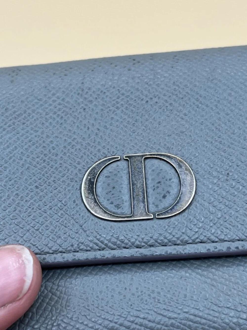 Christian Dior Light Blue Grained Leather CD Logo Compact Wallet Silver Hardware